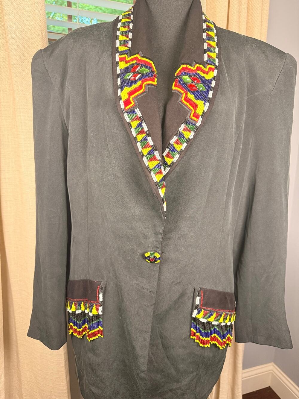 Vintage Erez Size 10 Silk & Leather Beaded Blazer